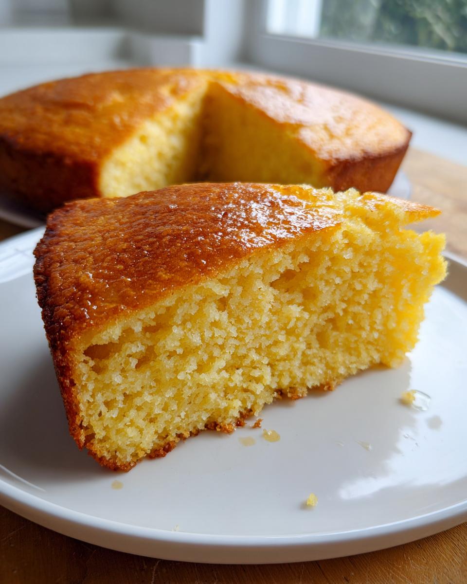 A close-up of a moist slice of golden sourdough cornbread on a white plate, with the rest of the cake blurred in the background.
