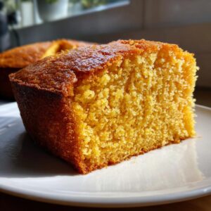 Close-up of a golden, moist slice of sourdough cornbread showing its crumb texture on a white plate.