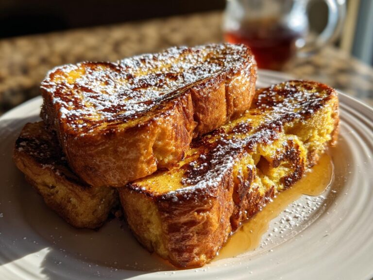 Close-up of thick, golden-brown sourdough french toast stacked on a plate, dusted with powdered sugar and drizzled with syrup.