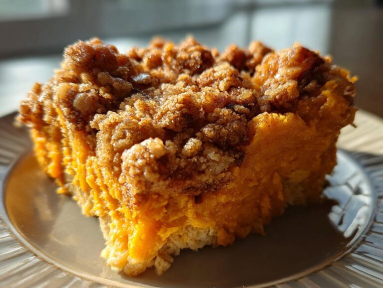 Close-up of a serving of southern sweet potato casserole topped with a crunchy brown sugar streusel.