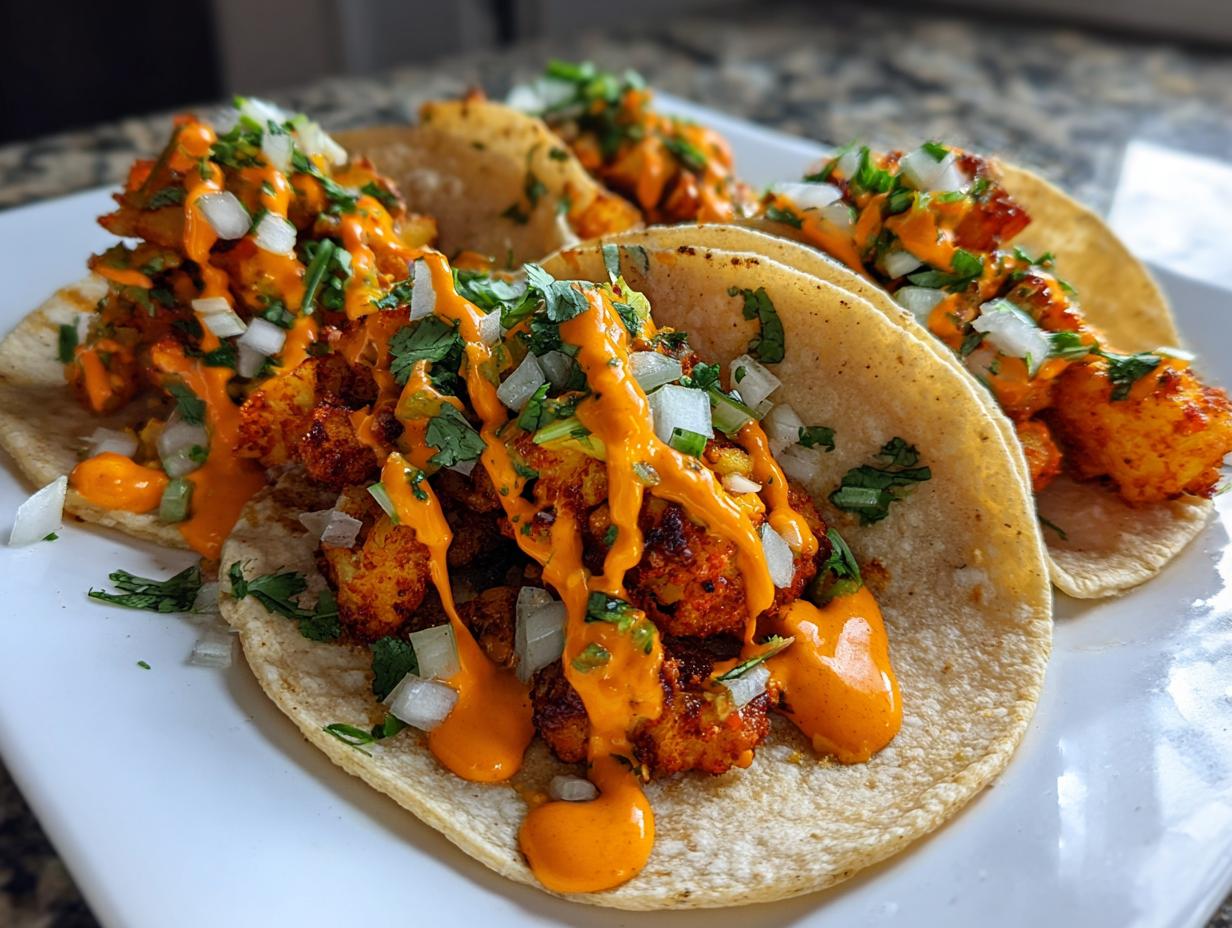 Close-up of three soft corn tortilla potato tacos topped with spicy filling, bright orange sauce, diced white onion, and cilantro.