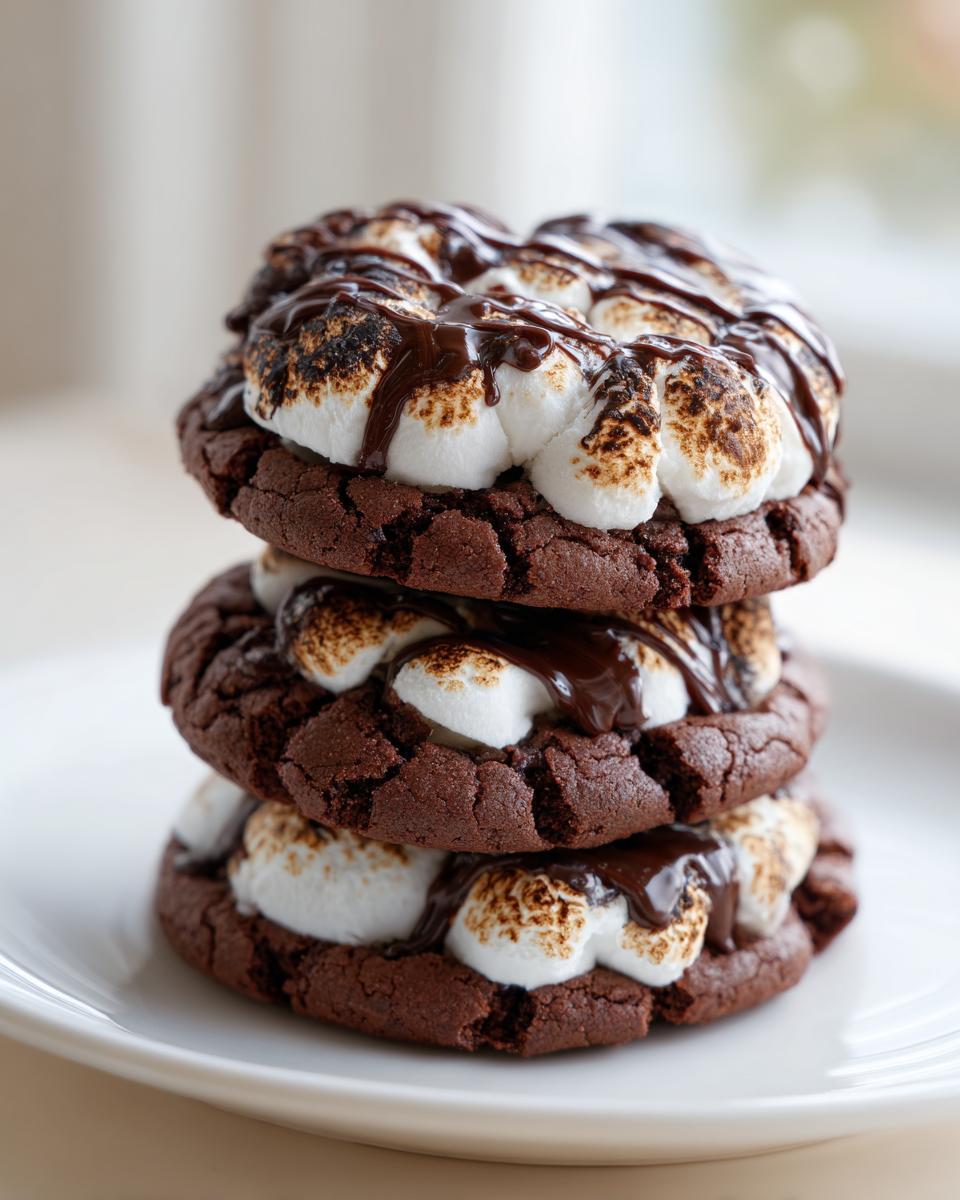 A stack of three rich, dark chocolate hot chocolate cookies layered with toasted marshmallows and drizzled with chocolate sauce.