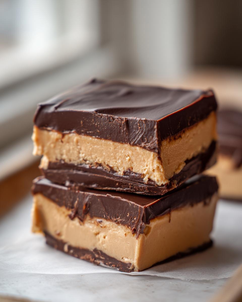 Two stacked squares of rich buckeye fudge showing a thick peanut butter center coated in dark chocolate.