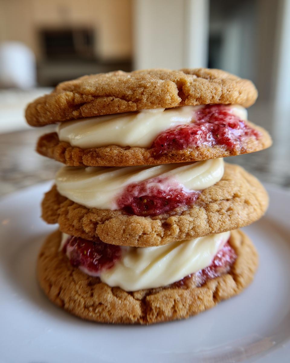 A stack of three strawberry cheesecake cookies, filled with creamy frosting and bright red strawberry jam.