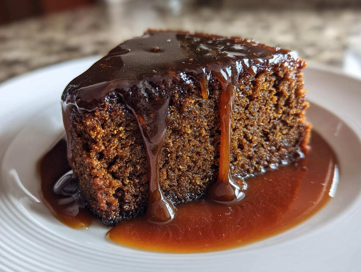 A close-up of a rich, moist slice of sticky toffee pudding recipe covered in dripping toffee sauce on a white plate.
