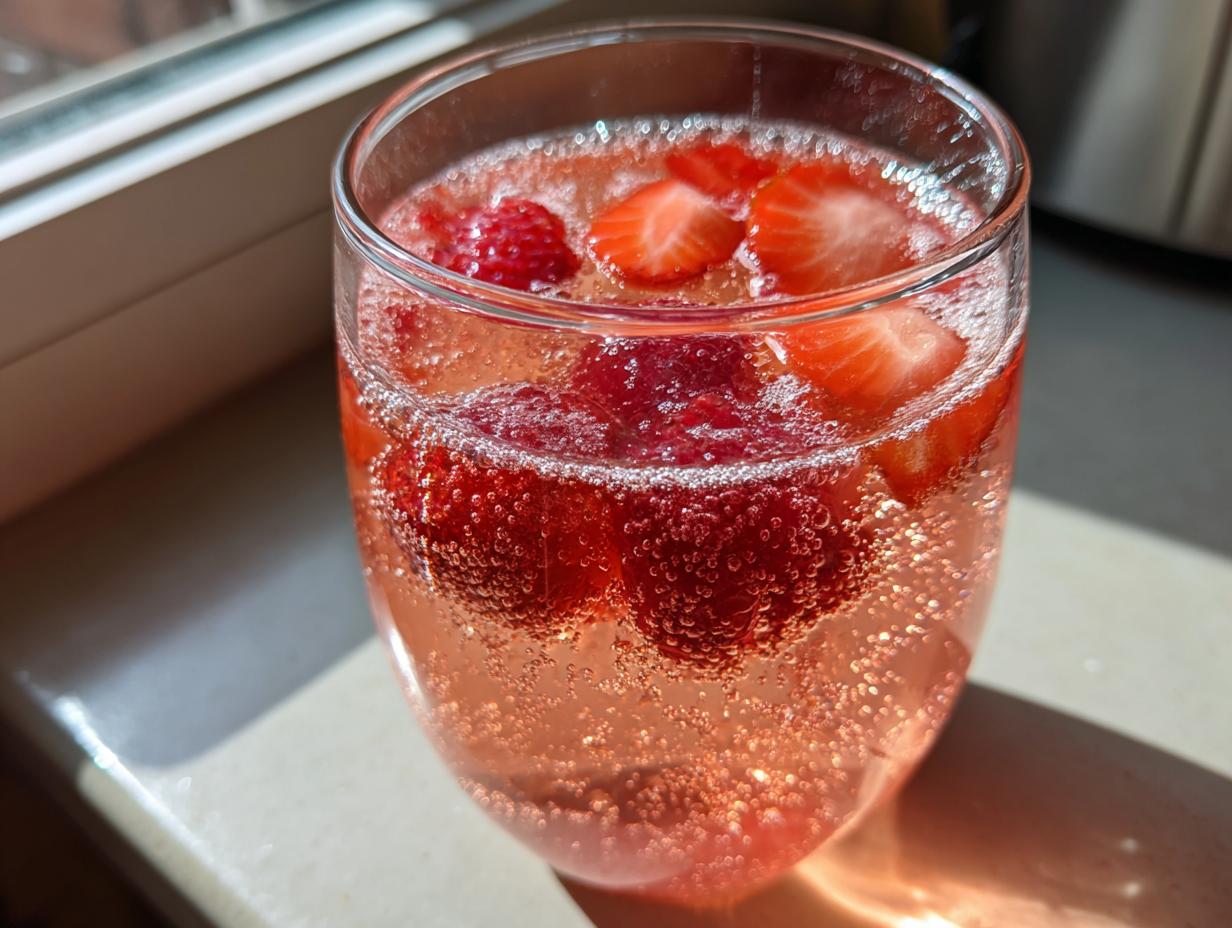 Close-up of a glass filled with bubbly, pink champagne punch garnished with fresh raspberries and sliced strawberries.