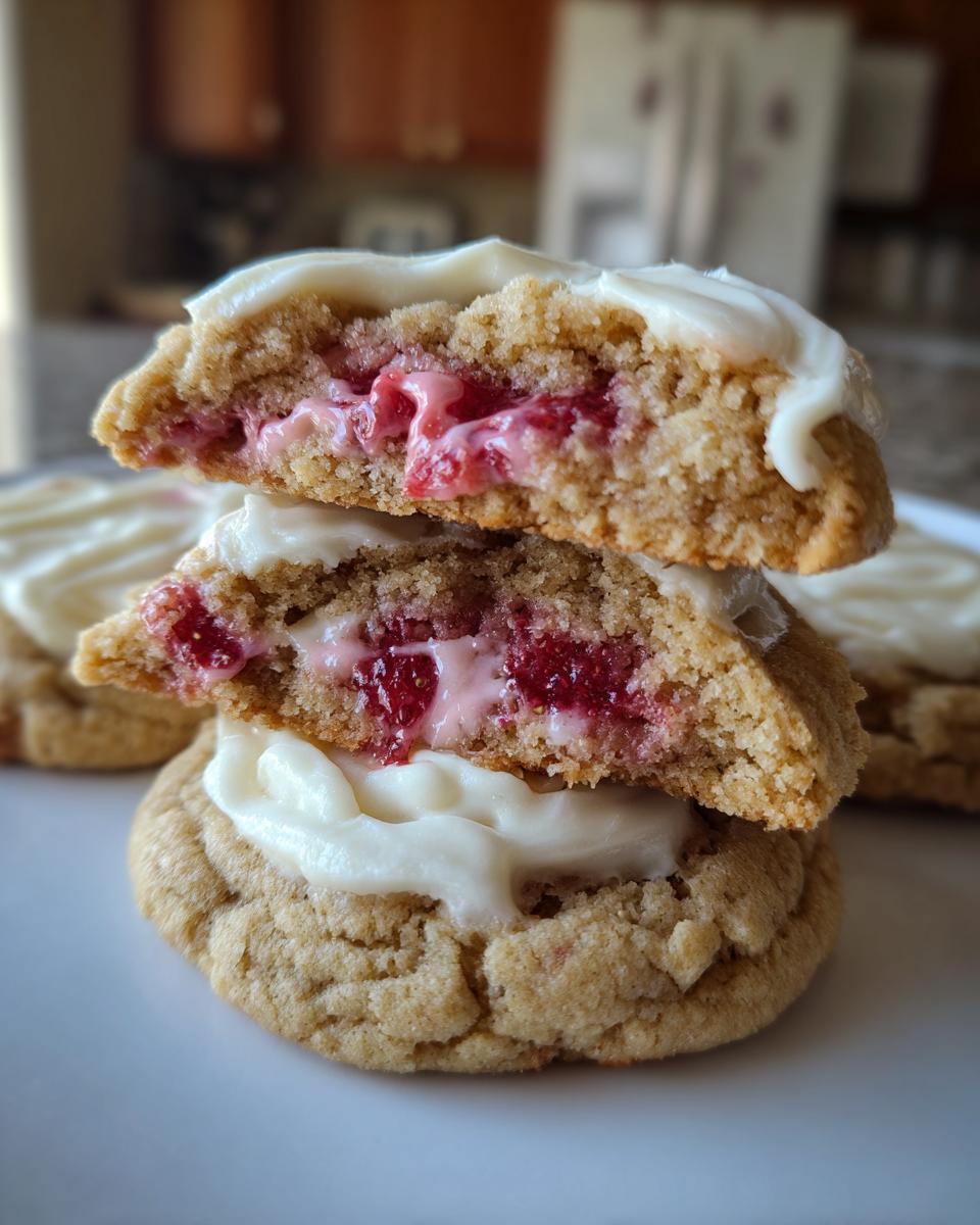 Close-up of strawberry cheesecake cookies stacked, showing the soft, gooey strawberry filling inside and thick white frosting on top.