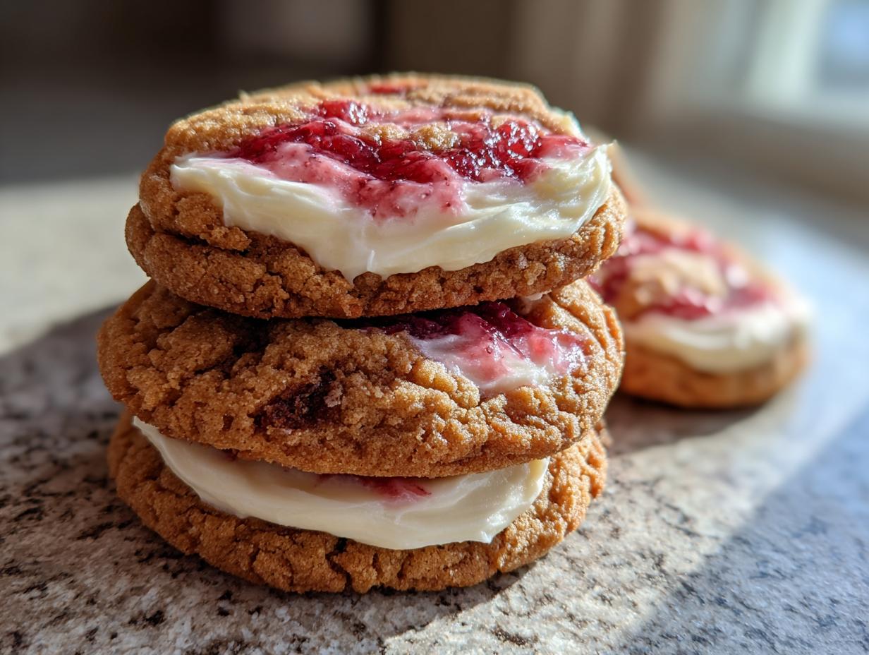 A stack of two strawberry cheesecake cookies filled with thick cream cheese frosting and topped with strawberry jam.