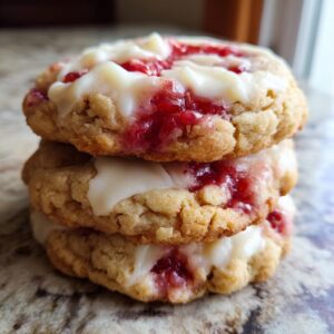 Close-up of three stacked strawberry cheesecake cookies topped with white cream cheese frosting and strawberry jam.