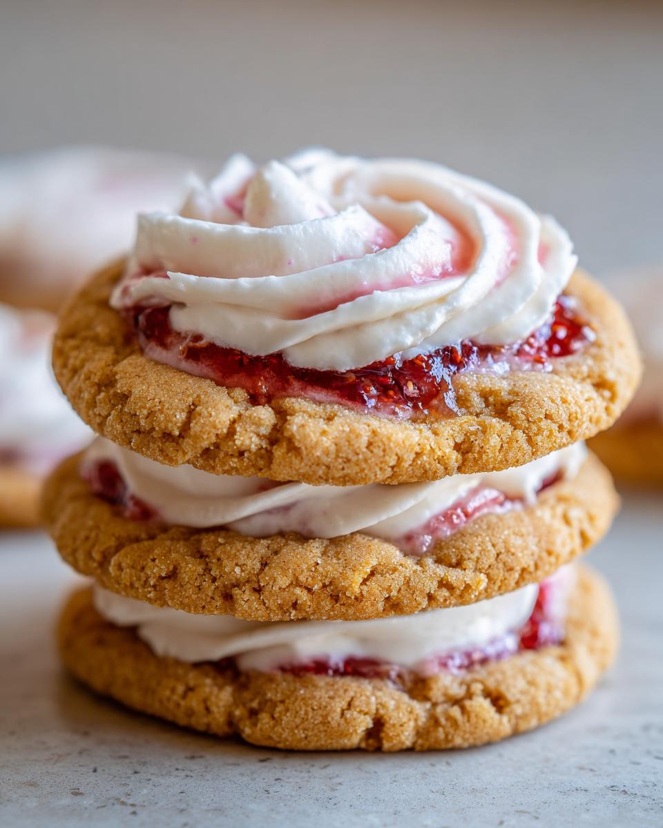Close-up of a stack of three strawberry cheesecake cookies filled with cream cheese frosting and strawberry jam.