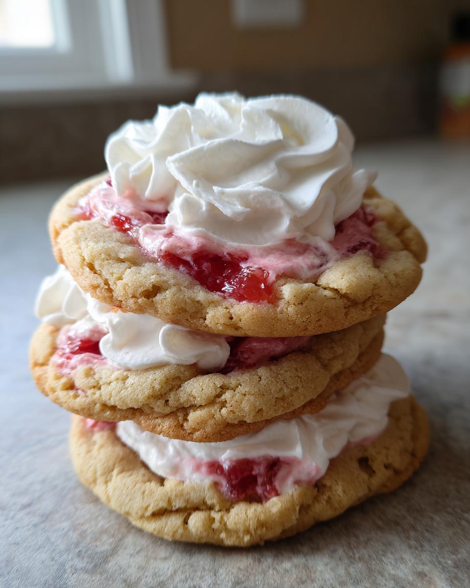 Three strawberry cheesecake cookies stacked, filled with strawberry jam and topped with swirls of white whipped cream.