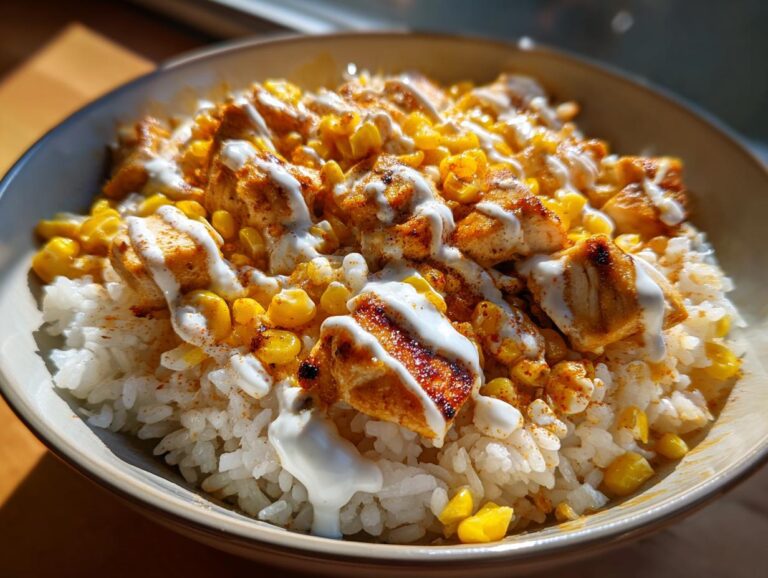 A close-up shot of a street corn chicken rice bowl featuring seasoned chicken, charred corn, white rice, and a creamy white drizzle.