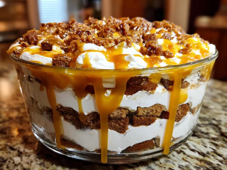 Close-up of a stunning 9-layer gingerbread trifle featuring layers of cake, cream, and drizzled heavily with caramel sauce.