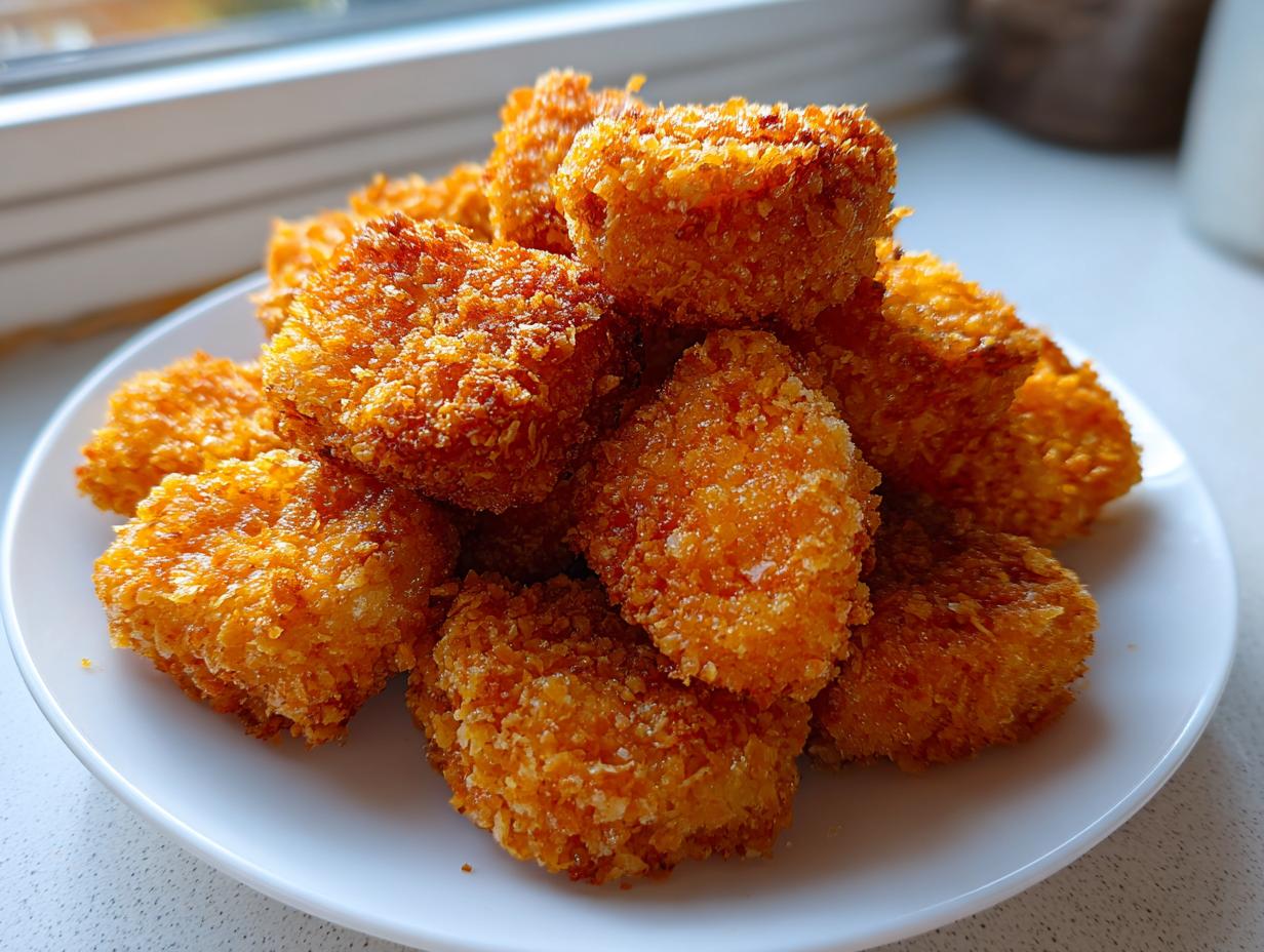 A close-up shot of a pile of golden brown, super crispy homemade chicken nuggets on a white plate.