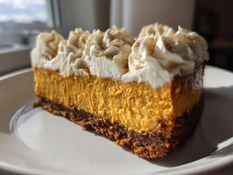 A close-up slice of rich, orange sweet potato cheesecake with a dark crust, topped with piped whipped cream and cinnamon.