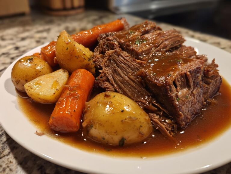 Close-up of tender pot roast slices served with roasted potatoes and carrots in rich brown gravy.