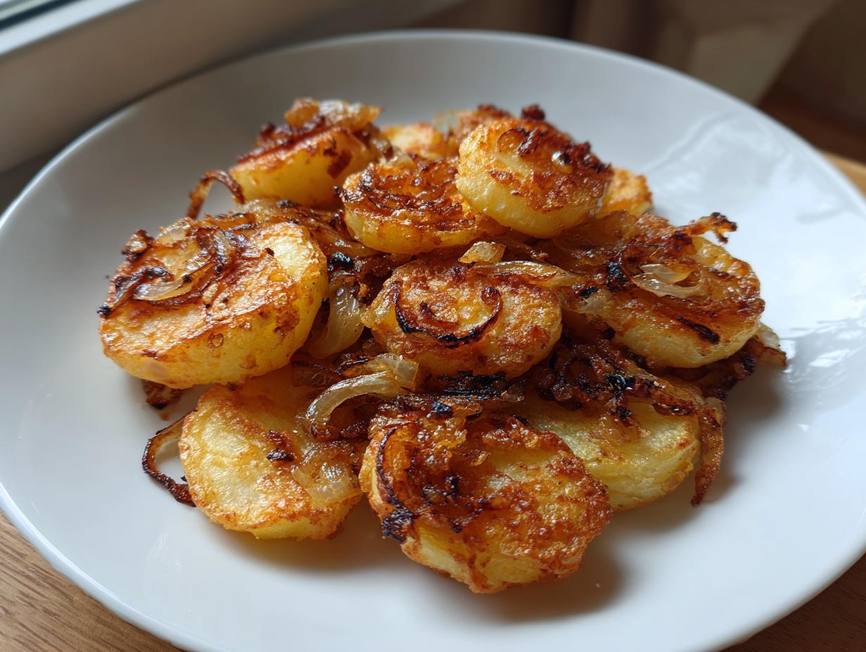 A white plate piled high with golden-brown, crispy fried potatoes mixed with deeply caramelized onions.