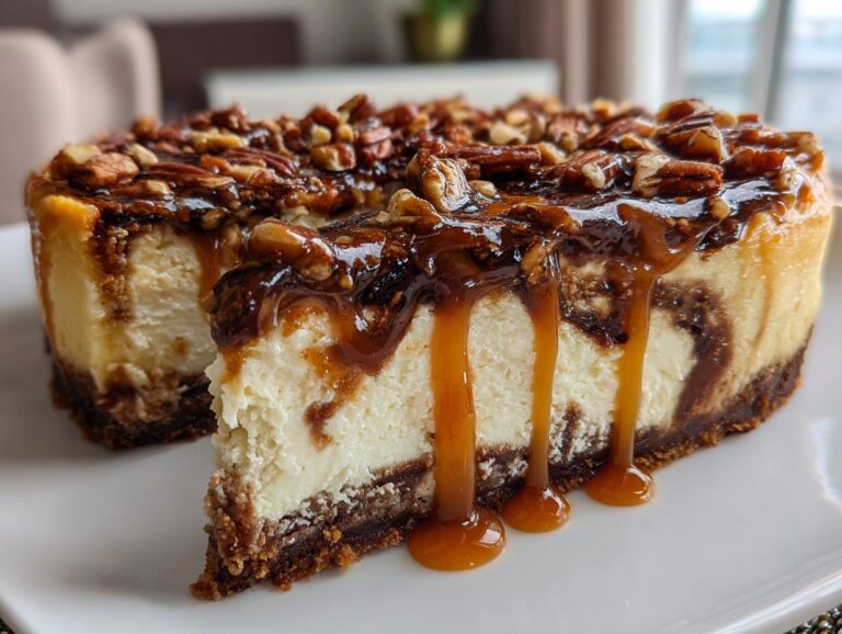 A slice of rich turtle cheesecake topped with dripping caramel sauce and chopped pecans.