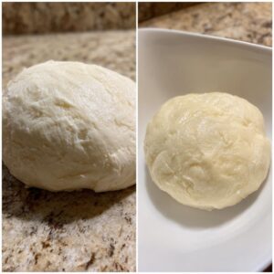 Side-by-side comparison showing two balls of smooth fufu dough, one on a countertop and one in a white bowl.