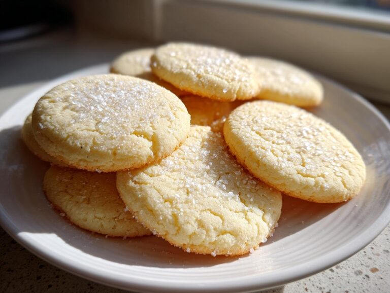 A stack of perfectly round vegan sugar cookies sprinkled with coarse sugar, sitting on a white plate.