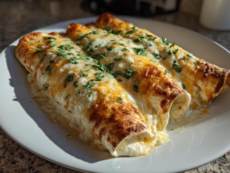 Three baked white chicken enchiladas covered in melted white and yellow cheese and fresh parsley.