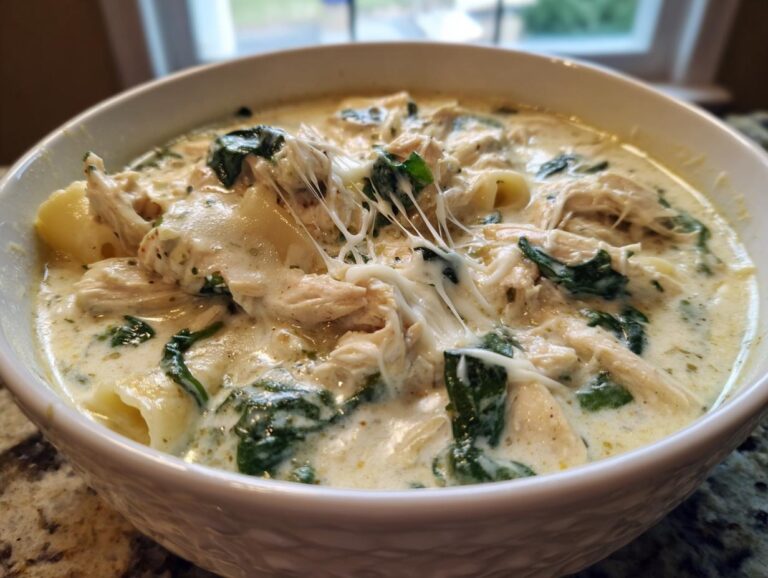 Close-up of a hearty bowl of white chicken lasagna soup with shredded chicken, spinach, and melted cheese stretching.