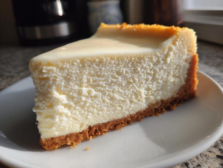 A close-up of a thick, creamy slice of white chocolate cheesecake with a graham cracker crust on a white plate.