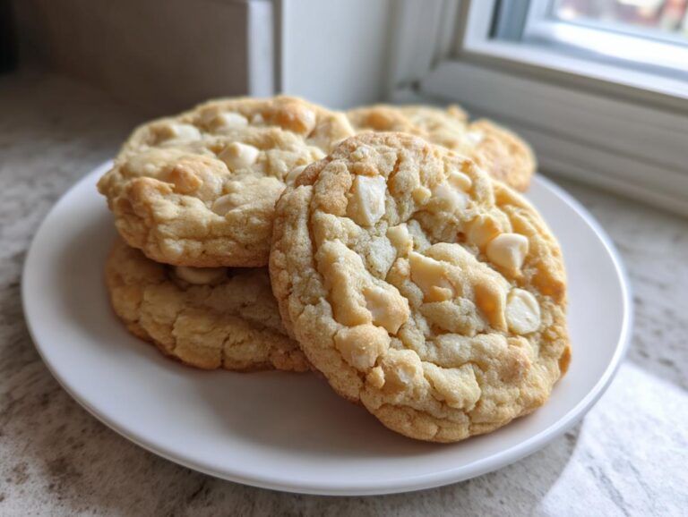 A stack of freshly baked, chewy white chocolate macadamia nut cookies resting on a white plate near a window.