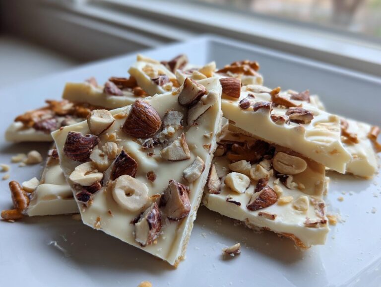 Close-up of broken pieces of white chocolate peanut butter pretzel bark topped with chopped nuts.