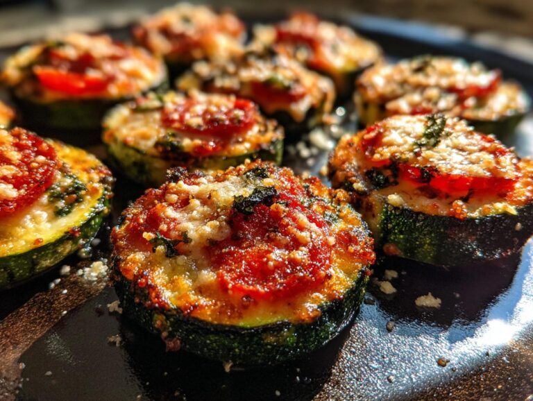 Close-up of several baked zucchini pizza bites topped with tomato sauce, melted cheese, and herbs on a dark baking sheet.