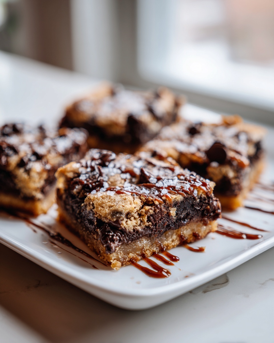 A close-up shot of decadent, layered cookie bars drizzled with chocolate and sprinkled with sea salt.