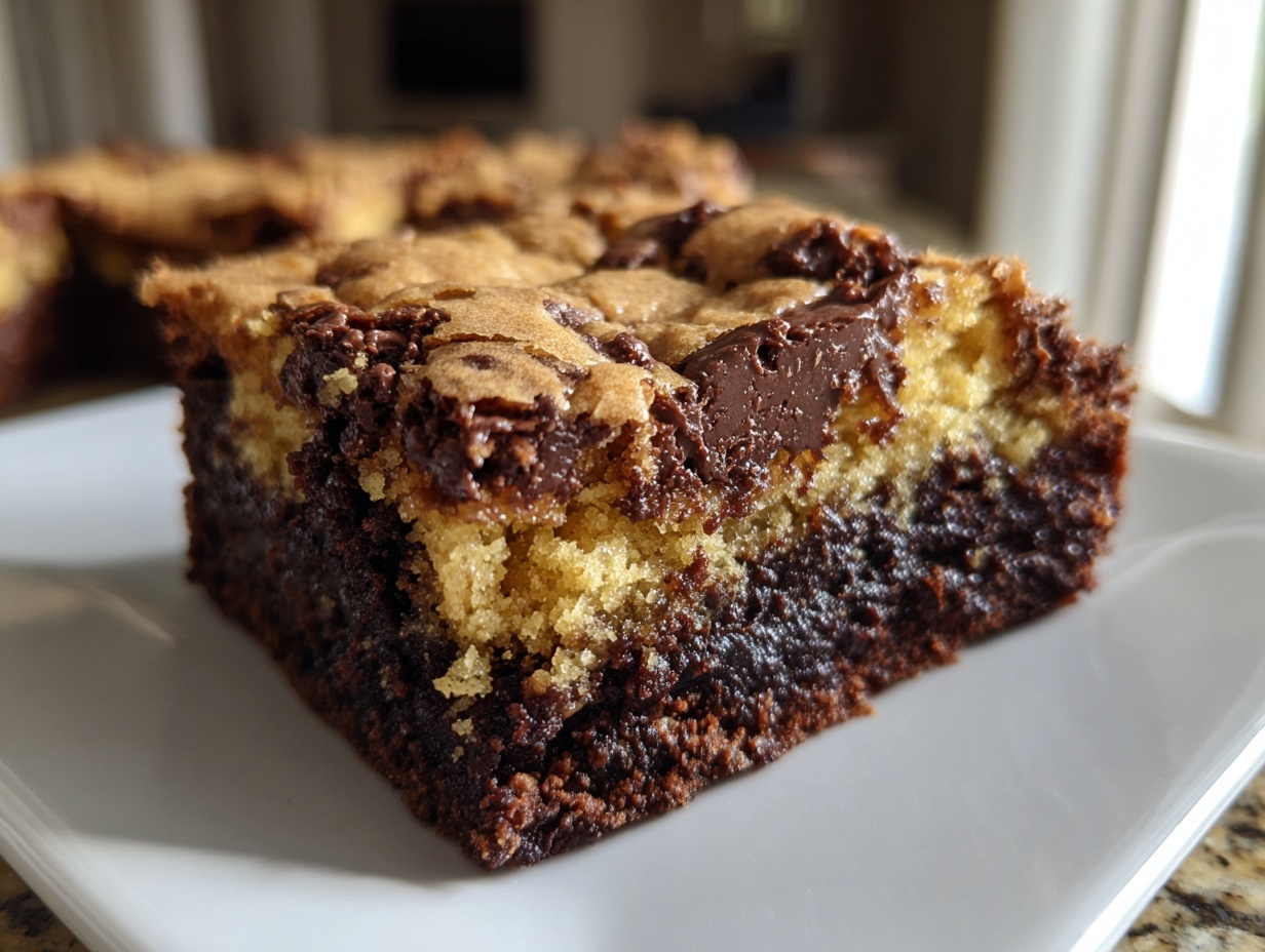 A close-up view of a rich, fudgy 3 layer brookies bar showing distinct brownie and cookie layers.
