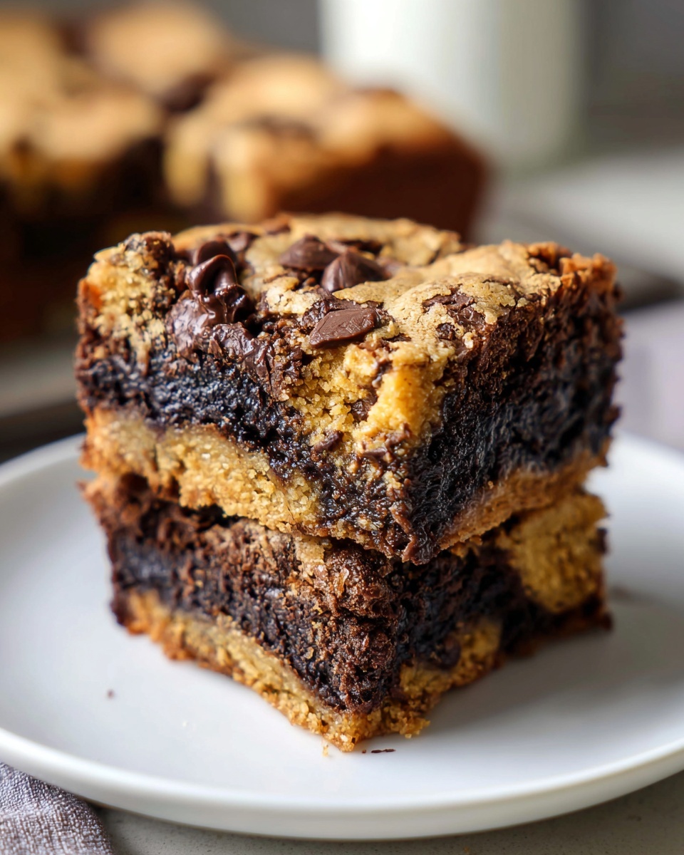Two stacked squares of fudgy brookies showing distinct cookie and brownie layers, topped with chocolate chips.