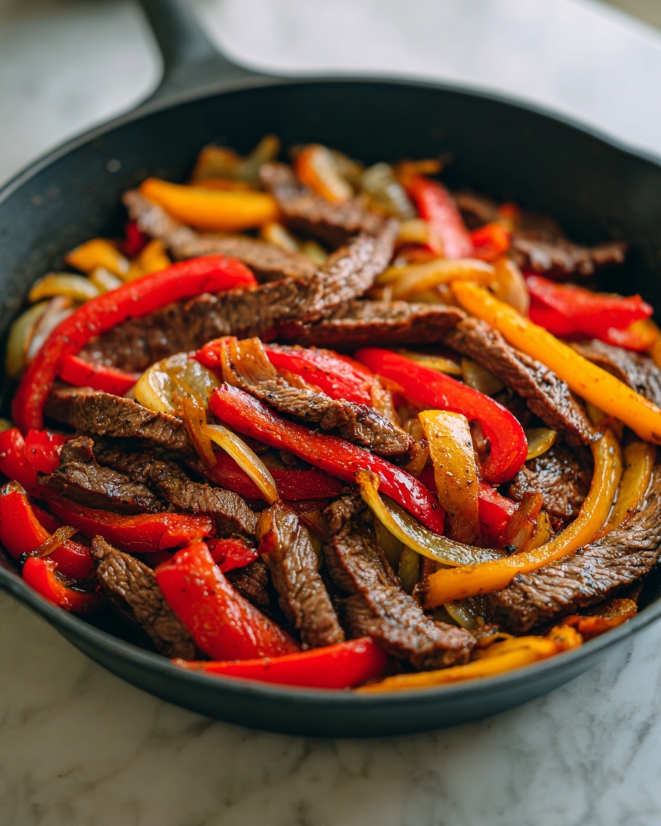 Sizzling steak fajita strips mixed with red and yellow bell peppers and onions in a black cast iron skillet.