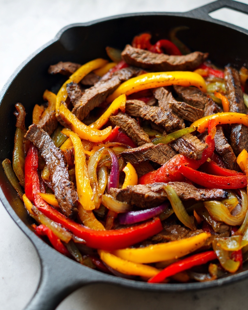 Close-up of sizzling steak fajita strips mixed with colorful bell peppers and onions in a black cast iron skillet.