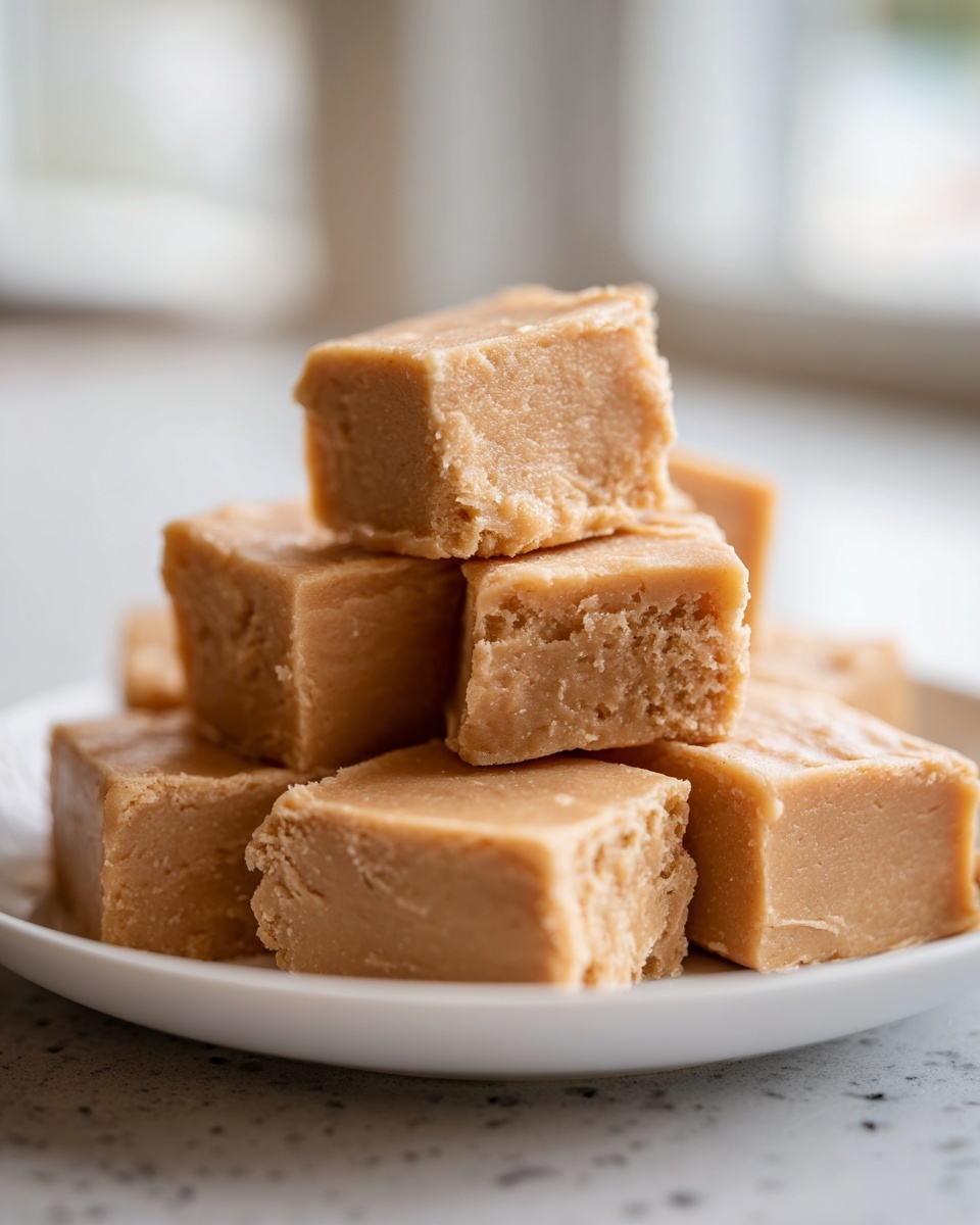 A close-up stack of creamy, light brown peanut butter fudge recipe squares served on a small white plate.