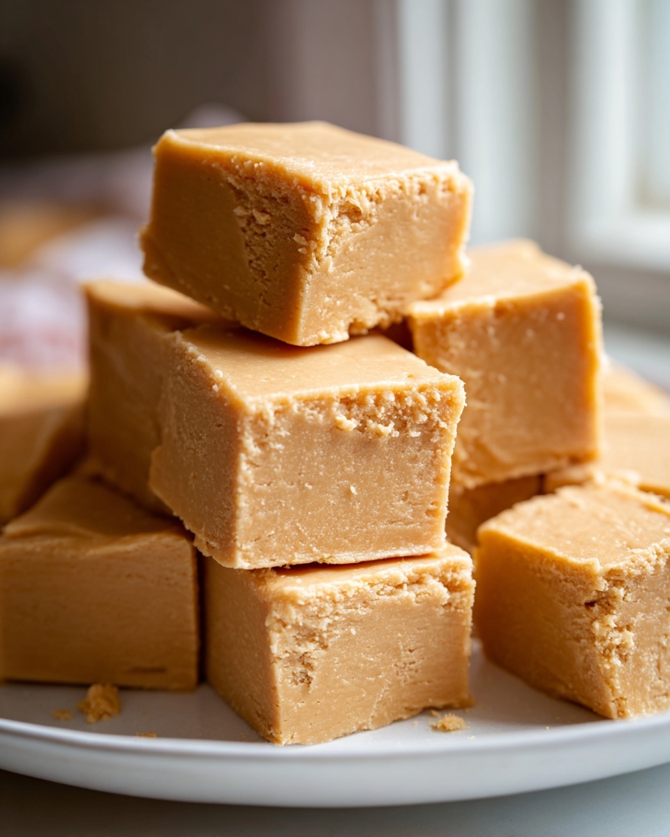 A close-up stack of creamy, light brown squares of homemade peanut butter fudge recipe on a white plate.