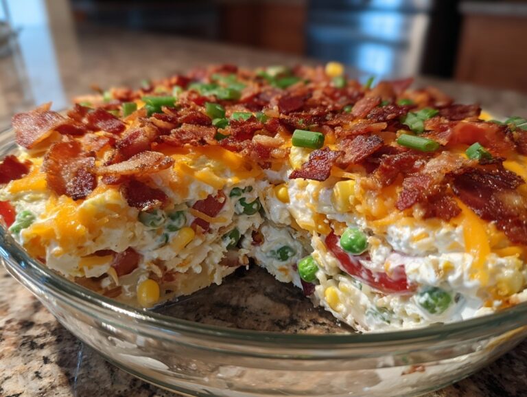 A delicious cross-section view of a 7 layer salad in a glass dish, topped with cheese, bacon, and chives.