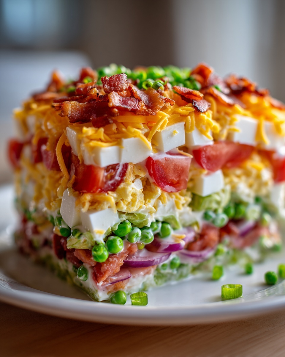 A beautiful, tall slice of 7 layer salad showing distinct layers of peas, eggs, tomatoes, and bacon.