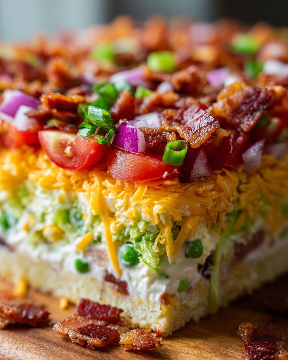 A thick slice of 7 layer salad showing distinct layers of creamy dressing, peas, lettuce, shredded cheese, tomatoes, onions, and bacon.