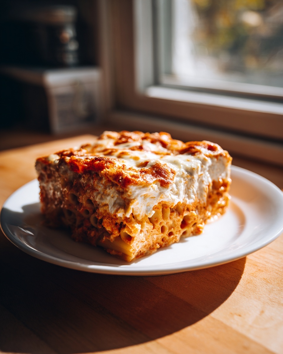 A thick, square slice of baked ziti pasta casserole with a rich tomato sauce and creamy white cheese topping.