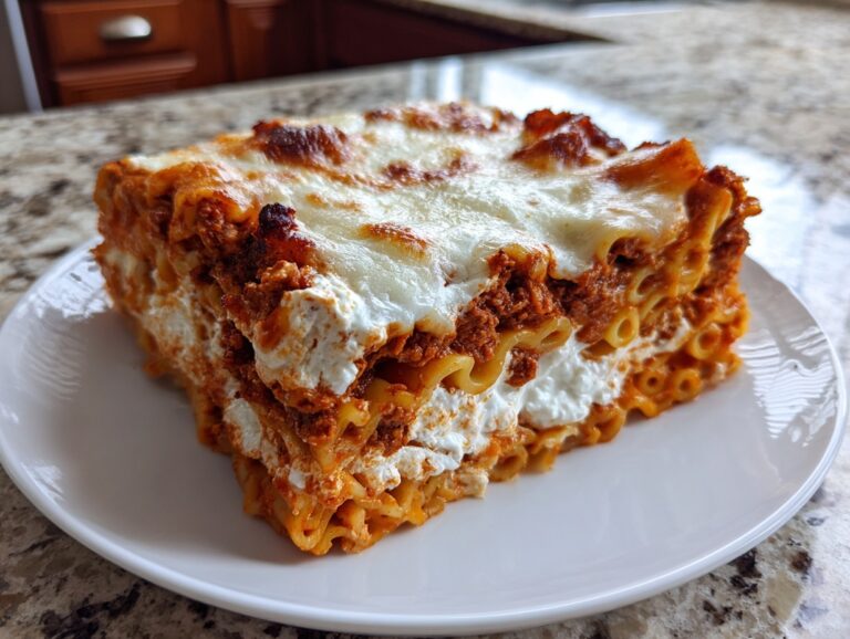 Close-up of a thick, layered slice of baked ziti featuring tubular pasta, rich meat sauce, and melted cheese.