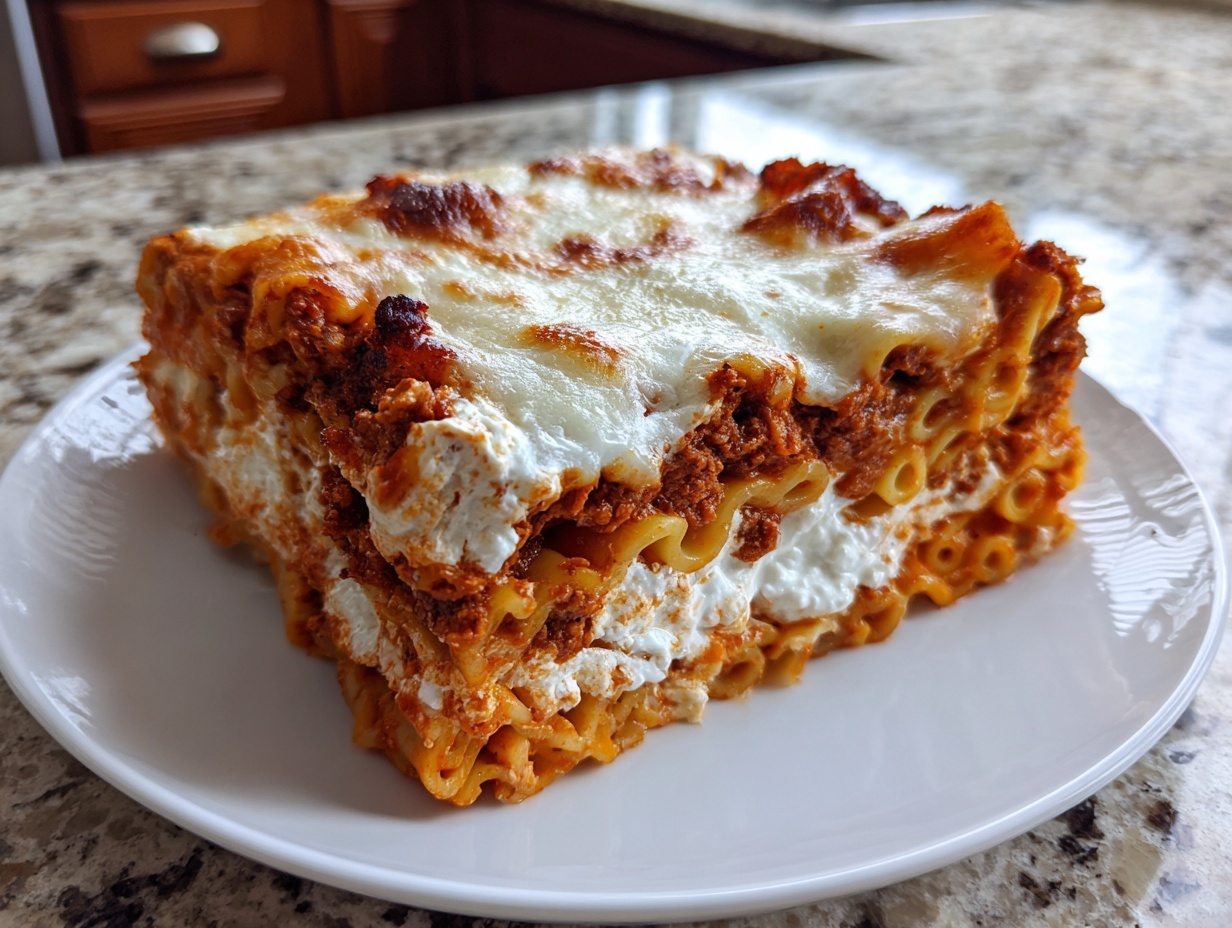 Close-up of a thick, layered slice of baked ziti featuring tubular pasta, rich meat sauce, and melted cheese.