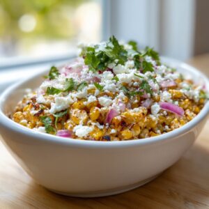 A white bowl filled with grilled corn salad topped with crumbled white cheese, red onion, and cilantro.