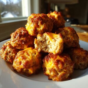 A pile of golden brown, cheesy sausage balls stacked on a white plate, one is broken open.