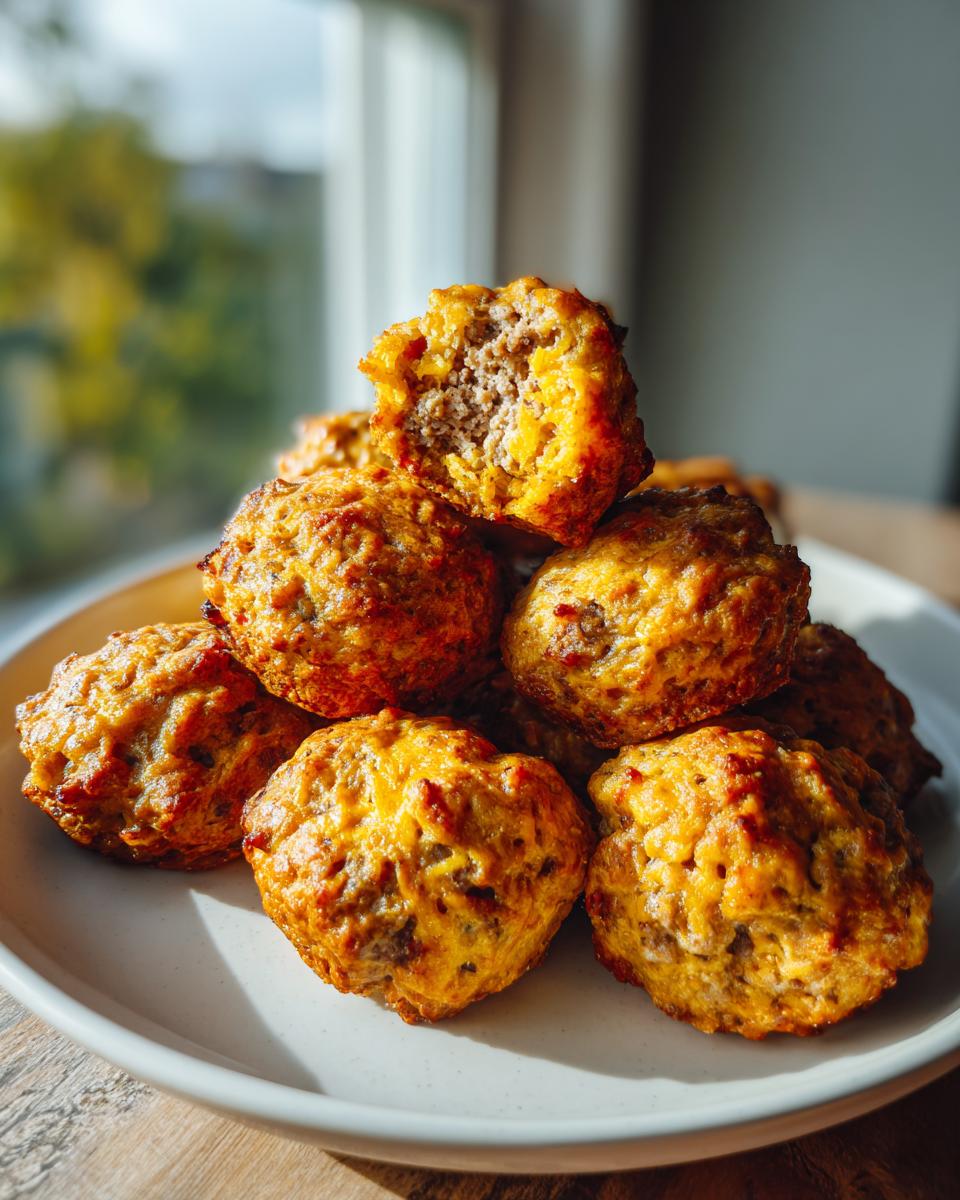 A stack of golden brown, baked sausage balls piled high on a white plate, one is broken open.