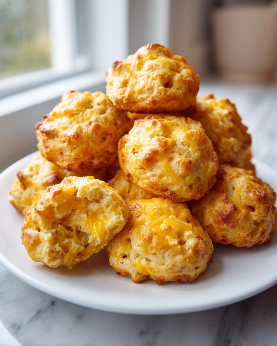 A stack of golden brown, cheesy sausage balls piled high on a white plate, one is broken open.