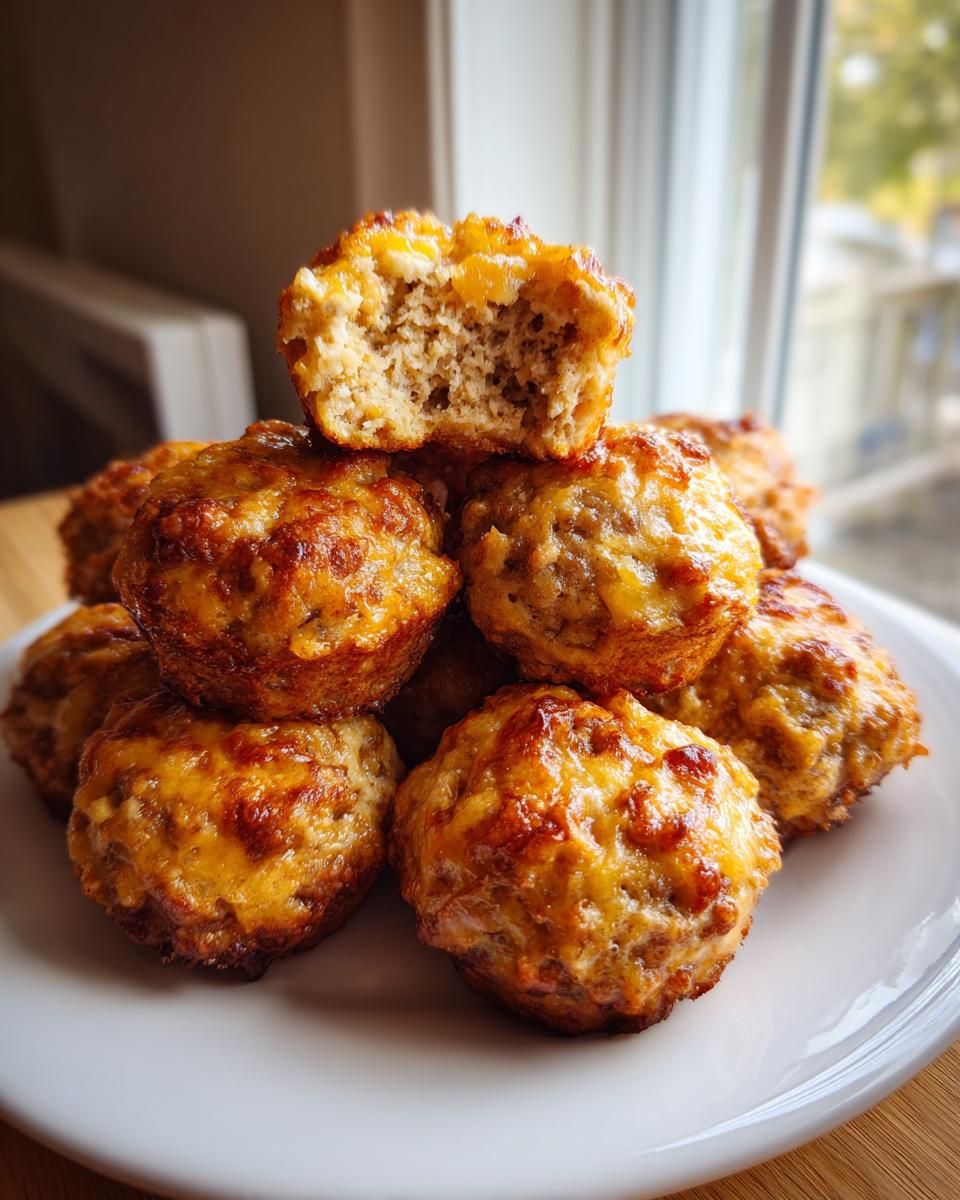 A stack of freshly baked, golden brown sausage balls on a white plate, with one bitten into showing the interior texture.