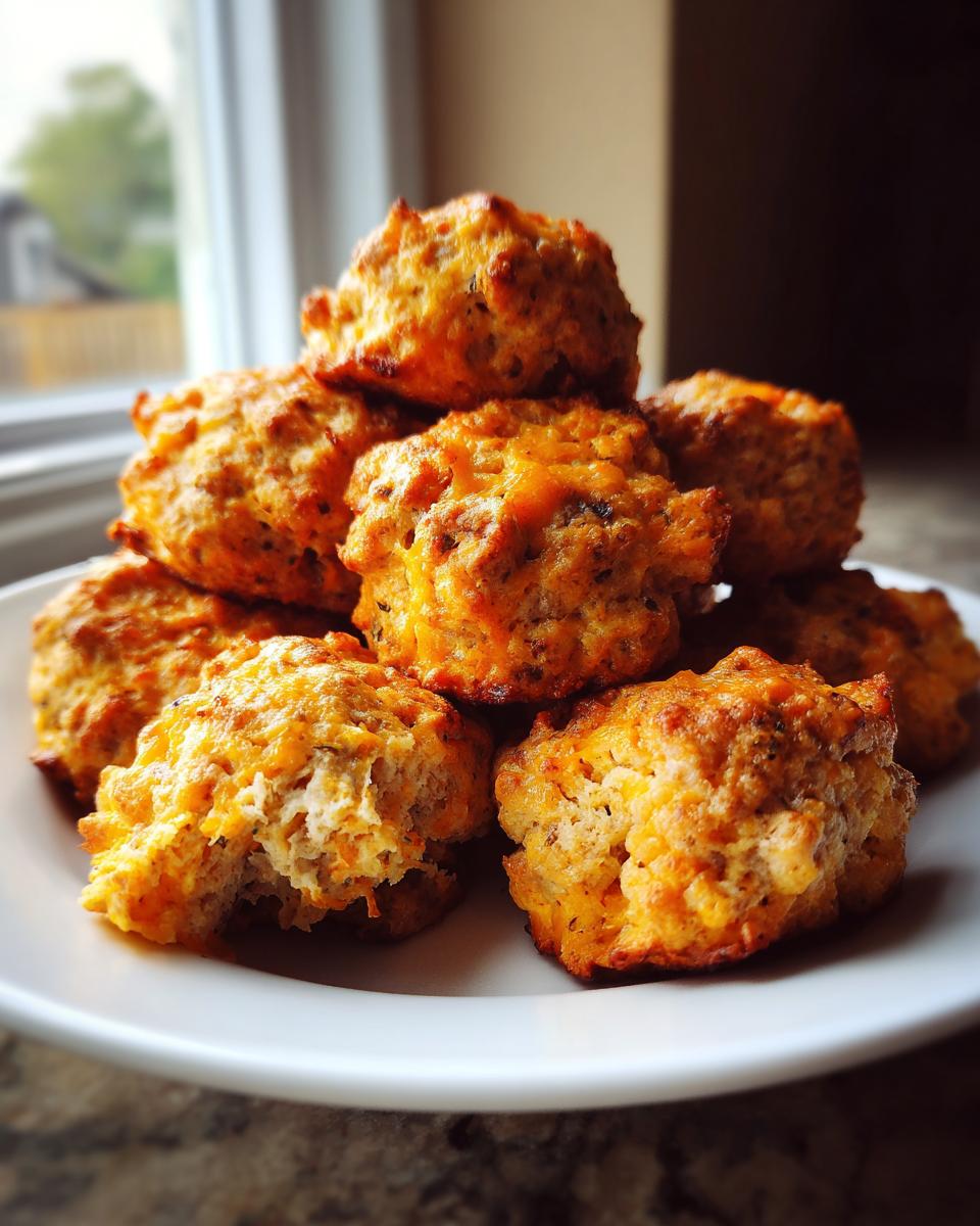 A stack of golden brown, cheesy sausage balls piled high on a white plate near a window.