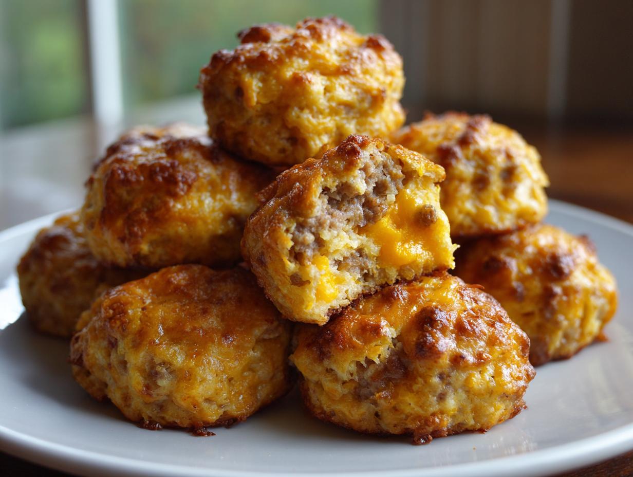 A stack of golden brown, baked sausage balls, with one cut open showing melted cheese inside.